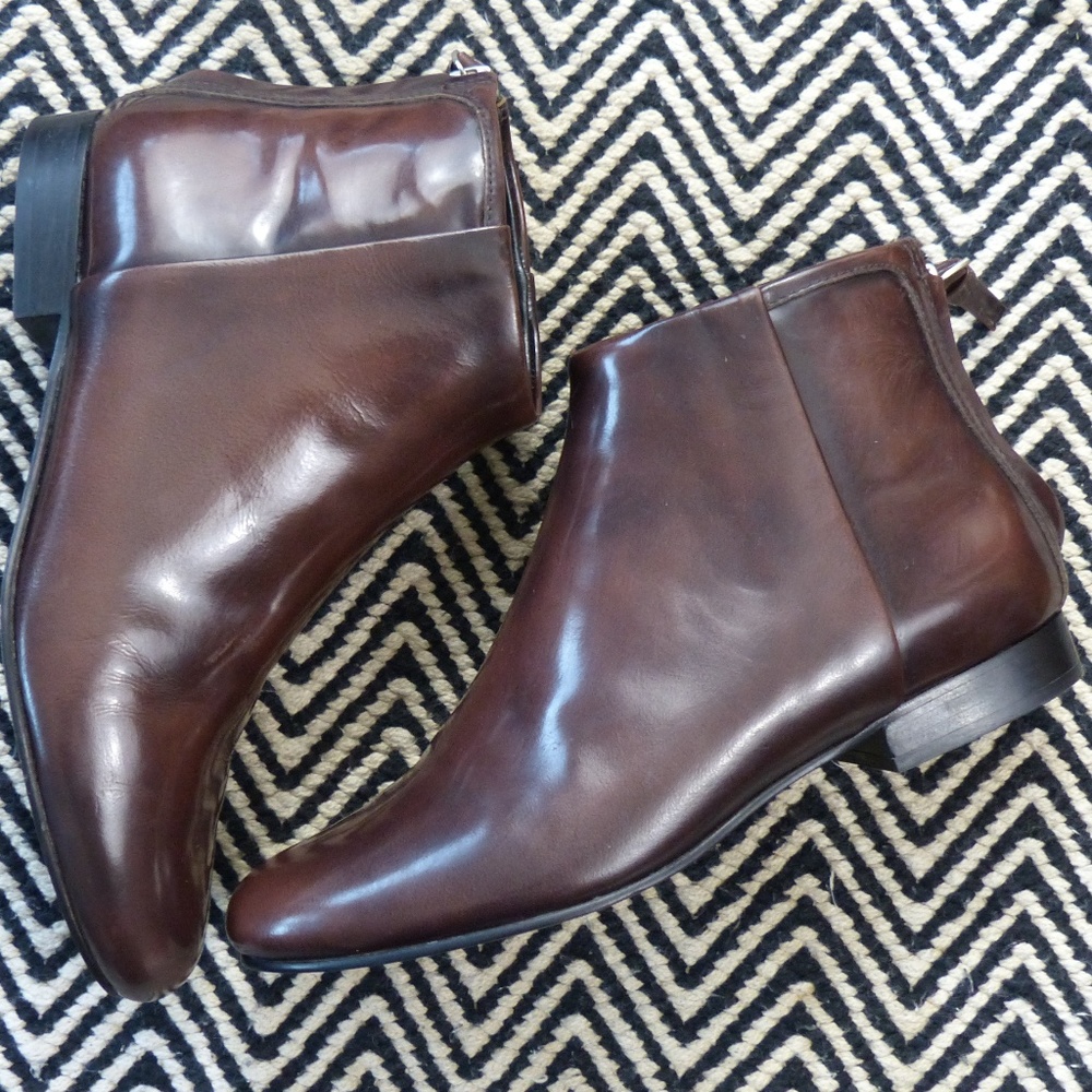 THEORY Brown Miriam Patent Leather Ankle Boots